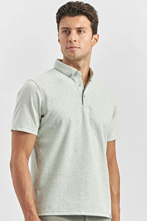 Açık Yeşil Desenli Jakarlı Düğmeli Yaka Pamuklu Likralı Casual Slim Fit Dar Kesim Tişört 1011240153