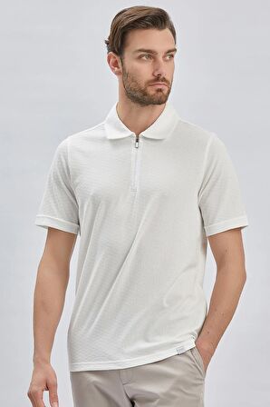 Beyaz Desenli Jakarlı Polo Yaka %100 Pamuk Casual Slim Fit Dar Kesim Tişört 1011240154