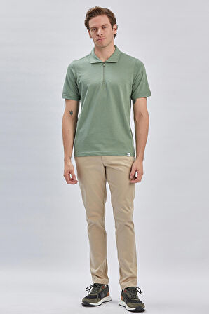 Koyu Yeşil Desenli Jakarlı Polo Yaka %100 Pamuk Casual Slim Fit Dar Kesim Tişört 1011240154