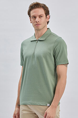 Koyu Yeşil Desenli Jakarlı Polo Yaka %100 Pamuk Casual Slim Fit Dar Kesim Tişört 1011240154