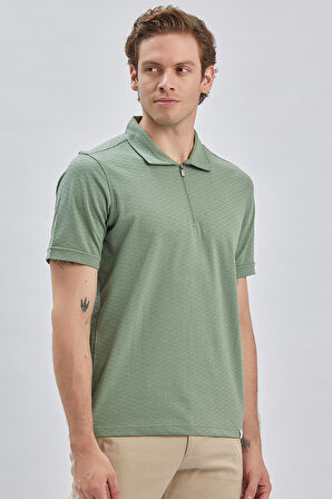 Koyu Yeşil Desenli Jakarlı Polo Yaka %100 Pamuk Casual Slim Fit Dar Kesim Tişört 1011240154