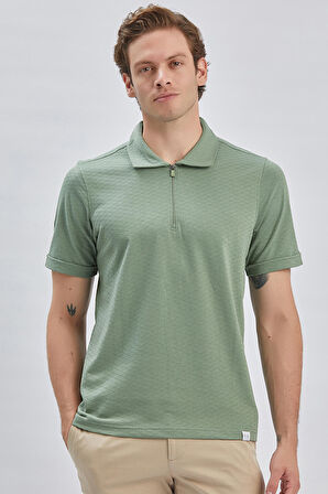 Koyu Yeşil Desenli Jakarlı Polo Yaka %100 Pamuk Casual Slim Fit Dar Kesim Tişört 1011240154
