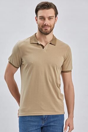 Bej Pike Polo Yaka %100 Pamuk Casual Slim Fit Dar Kesim Tişört 1011240155