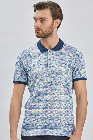 Lacivert Baskılı Pike Polo Yaka Garnili %100 Pamuk Casual Slim Fit Dar Kesim Tişört 1011240157