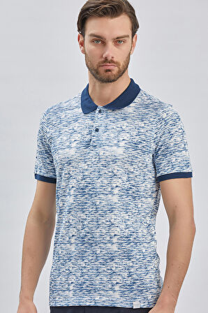 Lacivert Baskılı Pike Polo Yaka Garnili %100 Pamuk Casual Slim Fit Dar Kesim Tişört 1011240157