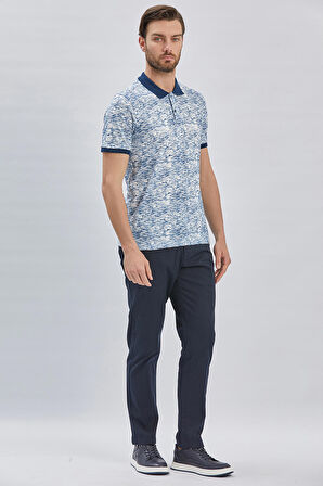 Lacivert Baskılı Pike Polo Yaka Garnili %100 Pamuk Casual Slim Fit Dar Kesim Tişört 1011240157