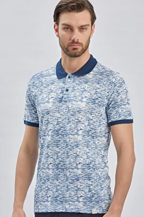 Lacivert Baskılı Pike Polo Yaka Garnili %100 Pamuk Casual Slim Fit Dar Kesim Tişört 1011240157