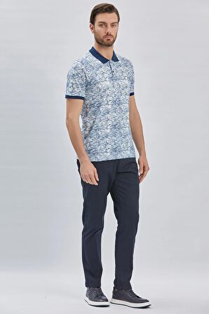 Lacivert Baskılı Pike Polo Yaka Garnili %100 Pamuk Casual Slim Fit Dar Kesim Tişört 1011240157