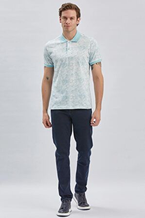 Koyu Mavi Baskılı Pike Polo Yaka Garnili %100 Pamuk Casual Slim Fit Dar Kesim Tişört 1011240157