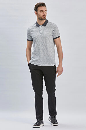 Koyu Antrasit Baskılı Pike Polo Yaka Pamuklu Likralı Casual Slim Fit Dar Kesim Tişört 1011240158