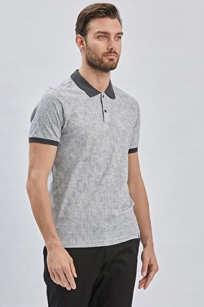 Koyu Antrasit Baskılı Pike Polo Yaka Pamuklu Likralı Casual Slim Fit Dar Kesim Tişört 1011240158