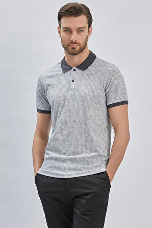 Koyu Antrasit Baskılı Pike Polo Yaka Pamuklu Likralı Casual Slim Fit Dar Kesim Tişört 1011240158