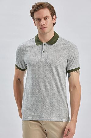 Koyu Haki Baskılı Pike Polo Yaka Pamuklu Likralı Casual Slim Fit Dar Kesim Tişört 1011240158