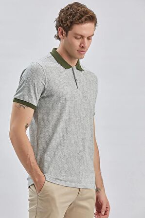 Koyu Haki Baskılı Pike Polo Yaka Pamuklu Likralı Casual Slim Fit Dar Kesim Tişört 1011240158