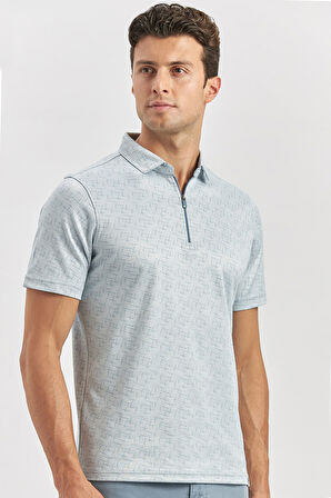 Koyu Mavi Desenli Merserize Polo Yaka Pamuklu Casual Slim Fit Dar Kesim Tişört 1011240159