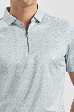 Koyu Mavi Desenli Merserize Polo Yaka Pamuklu Casual Slim Fit Dar Kesim Tişört 1011240159