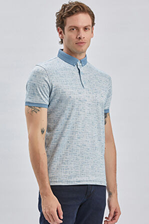 Koyu Mavi Desenli Merserize Düğmeli Yaka Pamuklu Casual Slim Fit Dar Kesim Tişört 1011240160