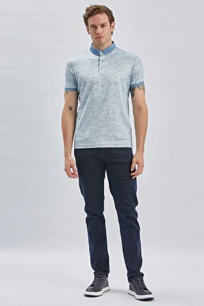 Koyu Mavi Desenli Merserize Düğmeli Yaka Pamuklu Casual Slim Fit Dar Kesim Tişört 1011240160