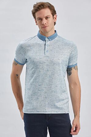 Koyu Mavi Desenli Merserize Düğmeli Yaka Pamuklu Casual Slim Fit Dar Kesim Tişört 1011240160