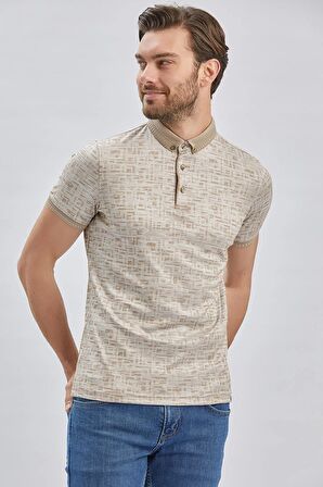 Bej Desenli Merserize Düğmeli Yaka Pamuklu Casual Slim Fit Dar Kesim Tişört 1011240160