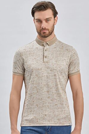 Bej Desenli Merserize Düğmeli Yaka Pamuklu Casual Slim Fit Dar Kesim Tişört 1011240160
