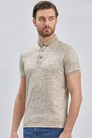 Bej Desenli Merserize Düğmeli Yaka Pamuklu Casual Slim Fit Dar Kesim Tişört 1011240160