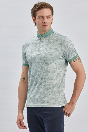 Koyu Yeşil Desenli Merserize Düğmeli Yaka Pamuklu Casual Slim Fit Dar Kesim Tişört 1011240160