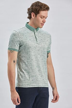 Koyu Yeşil Desenli Merserize Düğmeli Yaka Pamuklu Casual Slim Fit Dar Kesim Tişört 1011240160