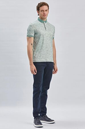 Koyu Yeşil Desenli Merserize Düğmeli Yaka Pamuklu Casual Slim Fit Dar Kesim Tişört 1011240160