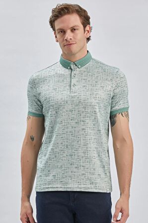 Koyu Yeşil Desenli Merserize Düğmeli Yaka Pamuklu Casual Slim Fit Dar Kesim Tişört 1011240160