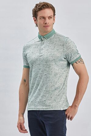Koyu Yeşil Desenli Merserize Düğmeli Yaka Pamuklu Casual Slim Fit Dar Kesim Tişört 1011240160