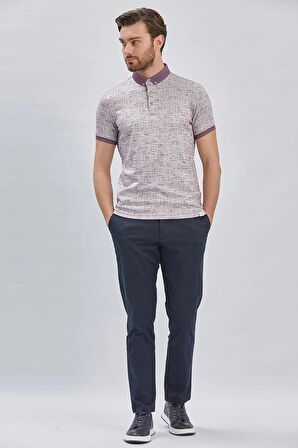 Lila Desenli Merserize Düğmeli Yaka Pamuklu Casual Slim Fit Dar Kesim Tişört 1011240160