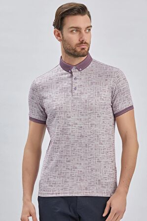 Lila Desenli Merserize Düğmeli Yaka Pamuklu Casual Slim Fit Dar Kesim Tişört 1011240160