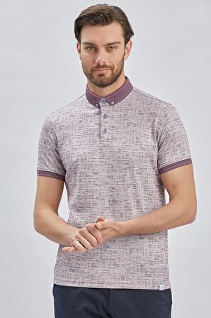 Lila Desenli Merserize Düğmeli Yaka Pamuklu Casual Slim Fit Dar Kesim Tişört 1011240160