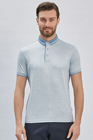 Koyu Mavi Desenli Merserize Düğmeli Yaka Pamuklu Casual Slim Fit Dar Kesim Tişört 1011240161