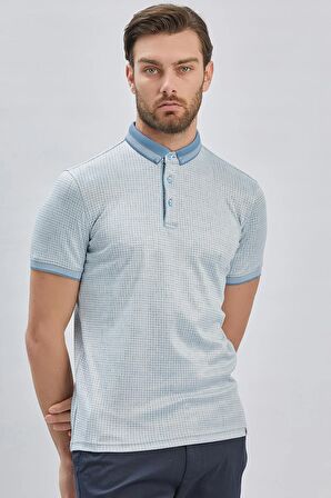 Koyu Mavi Desenli Merserize Düğmeli Yaka Pamuklu Casual Slim Fit Dar Kesim Tişört 1011240161