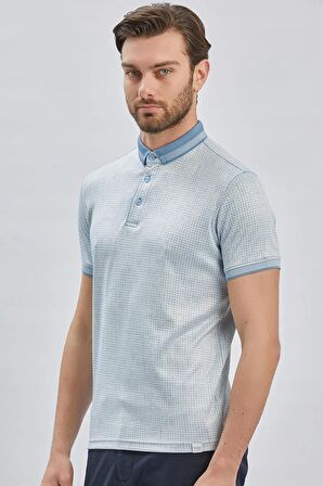 Koyu Mavi Desenli Merserize Düğmeli Yaka Pamuklu Casual Slim Fit Dar Kesim Tişört 1011240161