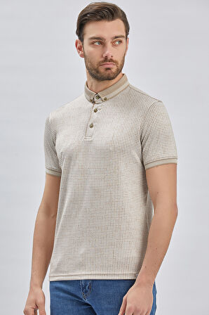 Bej Desenli Merserize Düğmeli Yaka Pamuklu Casual Slim Fit Dar Kesim Tişört 1011240161