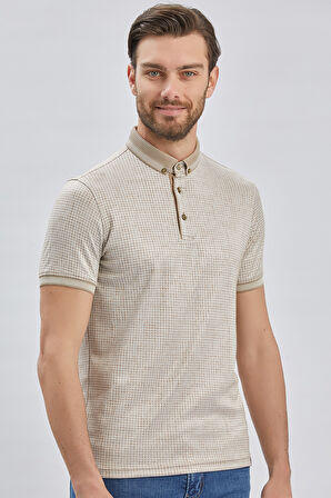 Bej Desenli Merserize Düğmeli Yaka Pamuklu Casual Slim Fit Dar Kesim Tişört 1011240161