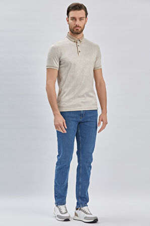 Bej Desenli Merserize Düğmeli Yaka Pamuklu Casual Slim Fit Dar Kesim Tişört 1011240161