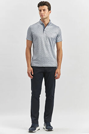 Koyu Lacivert Desenli Merserize Düğmeli Yaka Pamuklu Casual Slim Fit Dar Kesim Tişört 1011240163