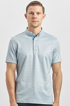 Koyu Mavi Desenli Merserize Düğmeli Yaka Pamuklu Casual Slim Fit Dar Kesim Tişört 1011240163