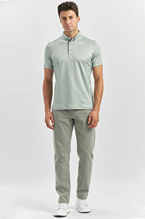 Koyu Yeşil Desenli Merserize Düğmeli Yaka Pamuklu Casual Slim Fit Dar Kesim Tişört 1011240163