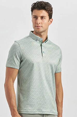 Koyu Yeşil Desenli Merserize Düğmeli Yaka Pamuklu Casual Slim Fit Dar Kesim Tişört 1011240163