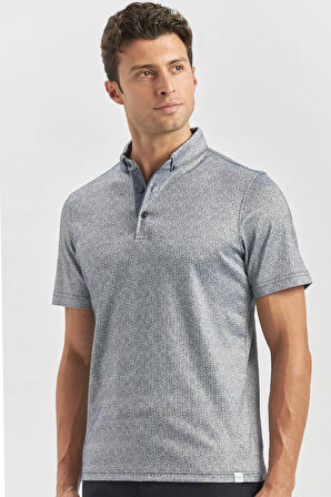 Koyu Lacivert Desenli Merserize Düğmeli Yaka Garnili Pamuklu Casual Slim Fit Dar Kesim Tişört 1011240164