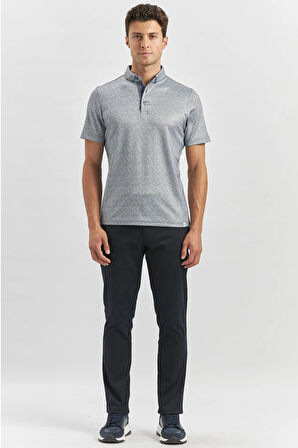 Koyu Lacivert Desenli Merserize Düğmeli Yaka Garnili Pamuklu Casual Slim Fit Dar Kesim Tişört 1011240164