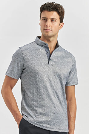 Koyu Lacivert Desenli Merserize Düğmeli Yaka Garnili Pamuklu Casual Slim Fit Dar Kesim Tişört 1011240164