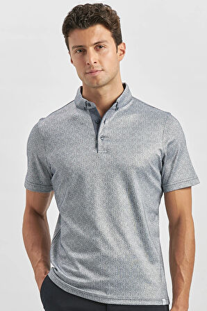 Koyu Lacivert Desenli Merserize Düğmeli Yaka Garnili Pamuklu Casual Slim Fit Dar Kesim Tişört 1011240164