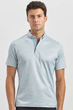 Koyu Mavi Desenli Merserize Düğmeli Yaka Garnili Pamuklu Casual Slim Fit Dar Kesim Tişört 1011240164