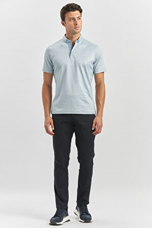 Koyu Mavi Desenli Merserize Düğmeli Yaka Garnili Pamuklu Casual Slim Fit Dar Kesim Tişört 1011240164